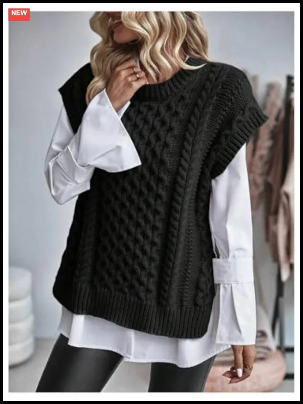 Women's Cable Knit Sweater Vest Cap Sleeve Crew Neck Side Slit Loose Knit